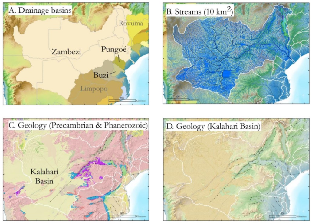 Zambezi overview, basin, streams, Phanerozoic, Neogene.